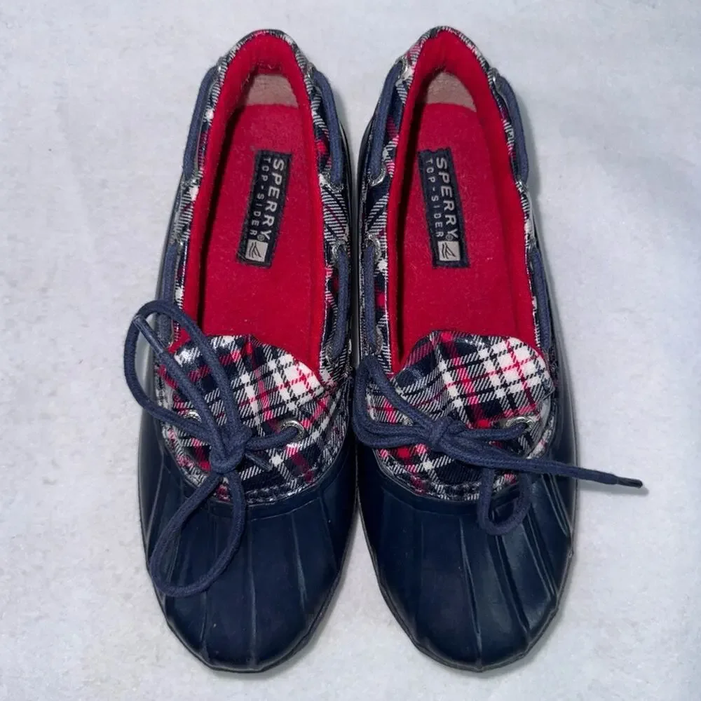 Women’s Sperry Topsiders Waterproof Shoes Low Top Duck Boots size 6 Navy Plaid